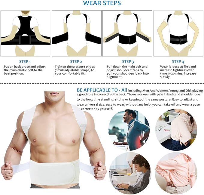 Thoracic Back Brace Posture Corrector - Magnetic Support for Neck Shoulder Upper and Lower Back Pain Relief - Perfect Posture Brace for Cervical Lumbar Spine - Fully Adjustable Belt (Beige, X-Large)
