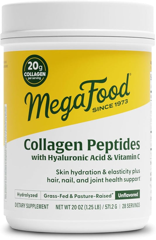 MegaFood Collagen Peptides for Women & Men - Unflavored Collagen Powder with Hyaluronic Acid & Vitamin C - Supports Skin Hair Nails & Joint Health - 20g Grass Fed Bovine Collagen - 20oz, 28 Servings