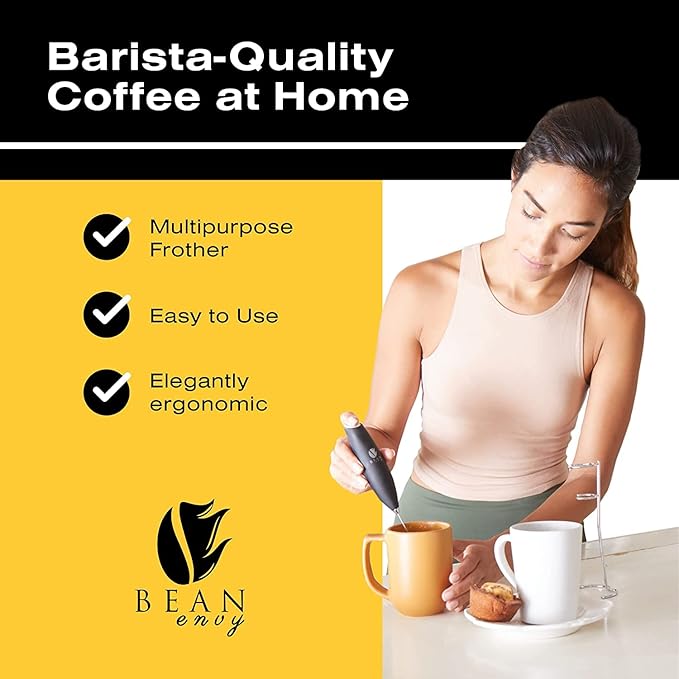 Bean Envy Milk Frother Handheld for Coffee - Electric Hand Blender, Mini Drink Mixer Whisk & Coffee Foamer Wand with Stand for Lattes, Cappuccino, Matcha and Hot Chocolate - Kitchen Gifts - Pink