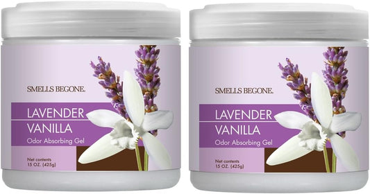 SMELLS BEGONE Air Freshener Odor Absorber Gel - 15 oz, Pack of 2 - Absorbs and Eliminates Odor in Pet Areas, Bathrooms, Cars, & Boats - Made with Essential Oils - Lavender Vanilla Scent