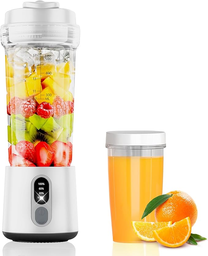 Portable Blender for Smoothies and Shakes, 2 Portable Blender Cups, 17 &10 oz Cordless Personal Small Blender with Straw Brush&Lid, USB-C Rechargeable, Quiet Mini Travel Blender, White