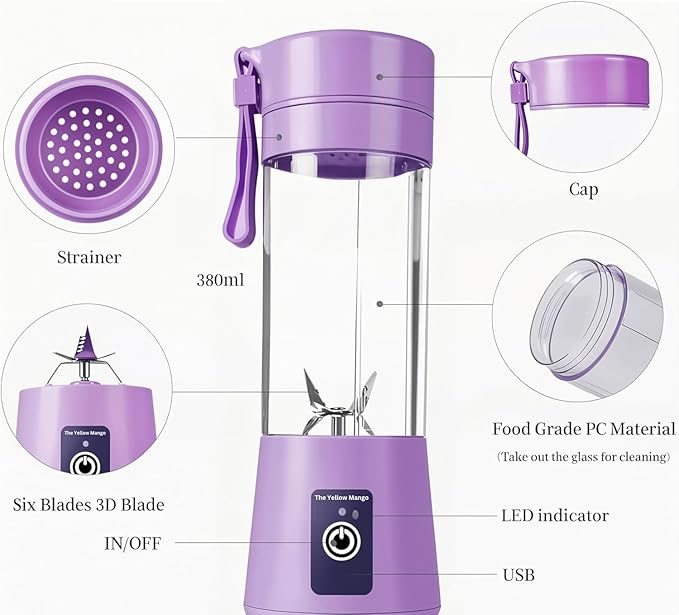 Portable USB Blender for Shakes and Smoothies – 380ml Personal Size, Rechargeable Juicer Cup, 6 Blades, 2000mAh Battery, Mini Travel Blender for Protein, Baby Food, Juice (Purple)