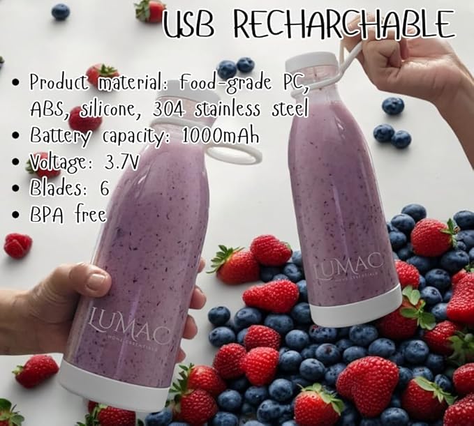 LUMAC - Portable Blender for Smoothies - Licuadora Portatil - 14oz Mini Blender for Shakes and Smoothies - Personal Blender for Shakes and Smoothies - USB Blender Portable - Shaker. (Purple), Medium