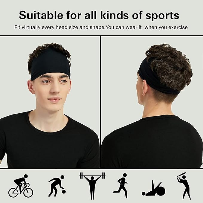 3-Pack Sports Headbands for Men Moisture Wicking Workout Headband, Sweatband Headbands for Running,Cycling,Football,Yoga,Hairband for Women and Men(Blue,Gray,Black)