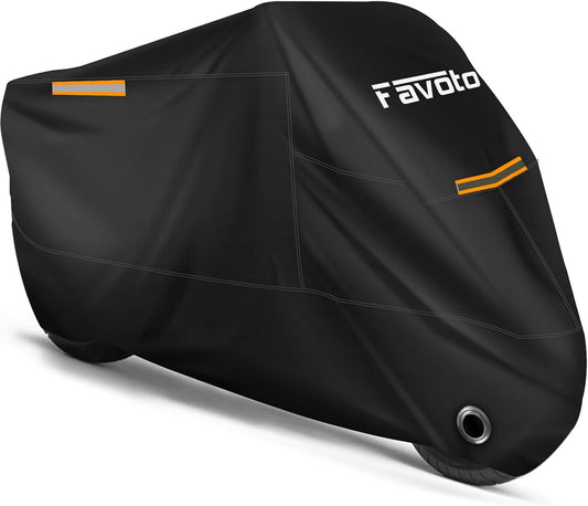 Favoto Motorcycle Cover Waterproof All Season Sun Outdoor Protection Windproof Night Reflective with Lock-Holes Storage Bag Universal Fits up to 116" Motorcycles Vehicle Motorbike Cover