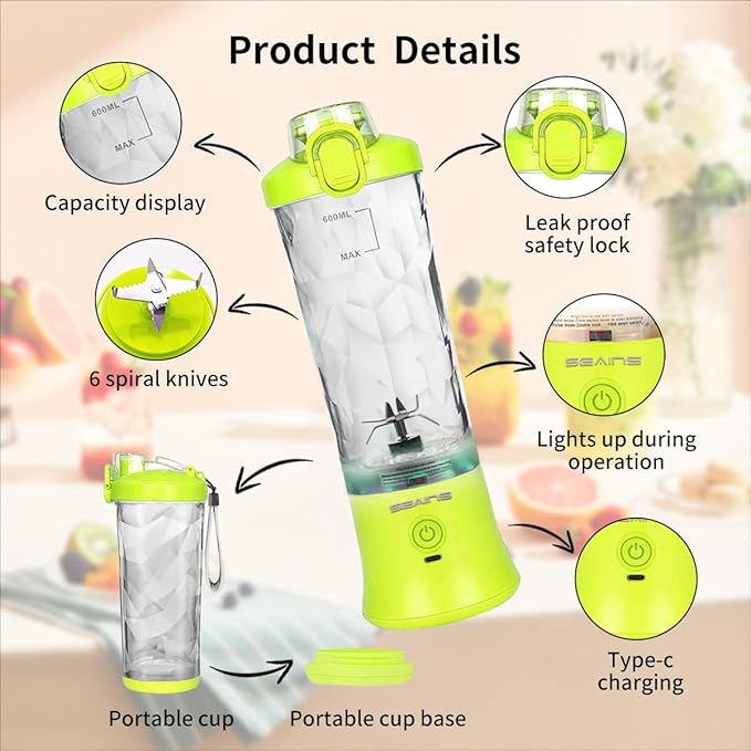 Portable Blender for Shakes and Smoothies With 20 Oz Travel Cup and Lid, Mini Personal Size With 6 Blades, USB Rechargeable for Gym, Kitchen and Outdoors (Yellow)