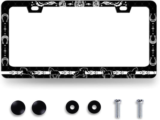Horse License Plate Frame Horseshoe License Plate Holder for Front and Rear Car Tags Stainless Steel Auto Parts Animal Funny License Plate for Men Women Decoration with Screws 12" x 6" s