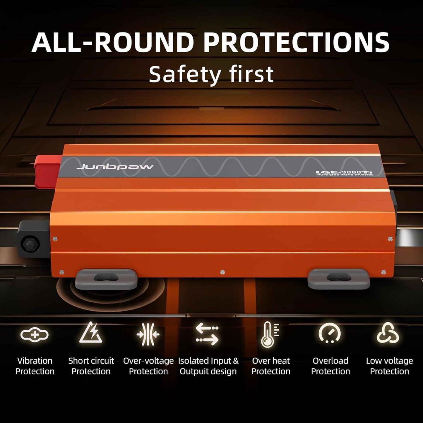 3080W Pure Sine Wave Inverter, 24V DC to 110V/120V AC, 9000W Peak, 5V/2.1A USB, Quiet Fan, Capacitor, Off-Grid Solar Power for RV, Camping, Emergency, Truck (LGE-24-3080TI)