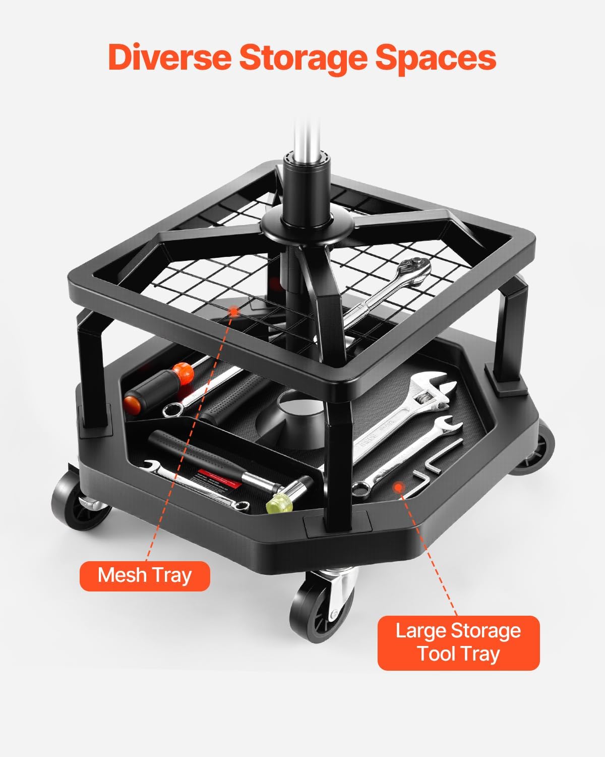 VEVOR Industrial Black Pneumatic Garage Seat/Work Stool with 300 lbs Capacity, Adjustable Height Roller Creeper Seat, 360 Swivel Padded Workshop Stool with Casters, for Garage, Shop & Auto Repair