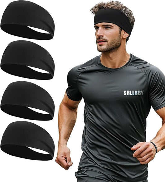 Sport Sweatbands for Men and Womem, 4 Pack, Double-Layer Workout Headbands, Sweat Wicking Hairbands for Fitness Running Football