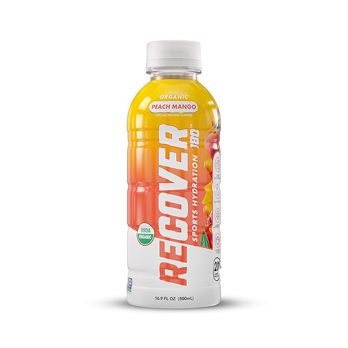 RECOVER 180 Organic Sports Hydration Drink, No Sugar Added, 20 Calorie Sports Beverage, Organic Flavors With Vitamins, Potassium-Packed Electrolytes (16.9 Fl Oz (Pack of 12), Peach Mango)
