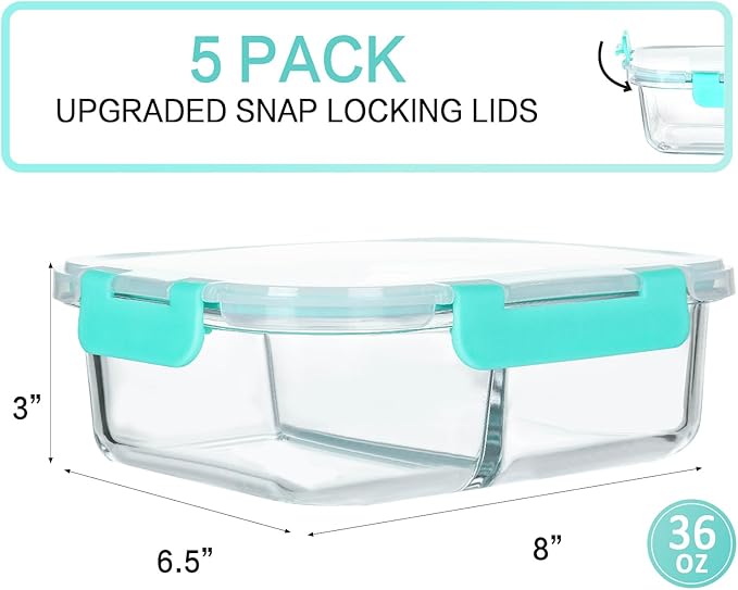 [5-Pack,36 Oz]Glass Meal Prep Containers 2 Compartments Portion Control with Upgraded Snap Locking Lids Glass Food Storage Containers, Microwave, Oven, Freezer and Dishwasher (4.5 Cups, Green)