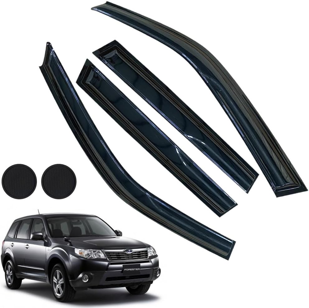 Rain Guards for Subaru Forester 2009-2013, Tape-on Side Window Deflectors, Window Visors for Subaru Cars, 4 Rain Guards & 2 Car Coasters