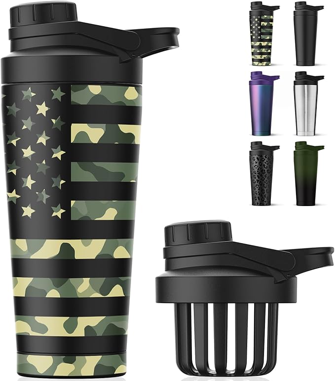 Stainless Steel Shaker Bottle with Noise-Free Design - Patented 24 oz Insulated Metal Shakers Bottles Cup for Protein Mixes and Pre Workout 100% Leak Proof (Camouflage Flag)
