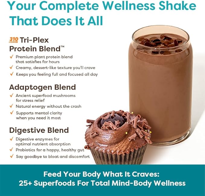 310 Nutrition Organic All-In-One Meal Replacement Shake Powder - Plant-Based Protein Smoothie Blend w/Fiber, Probiotics & Adaptogens - Low Carb, Vegan, Keto & Paleo - Chocolate - 28 Servings