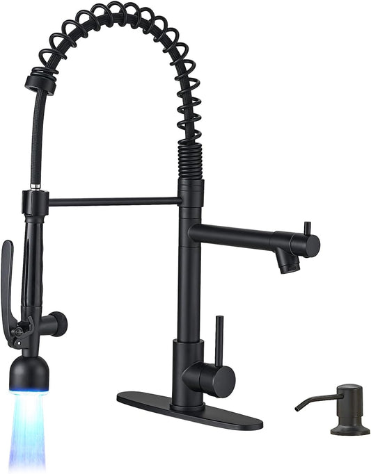 Fapully Commercial Kitchen Faucets with Pull Down Sprayer Matte Black LED Single Handle Faucet for Kitchen Sink, Kitchen Faucet with Soap Dispenser and Deck Plack for 4 Hole