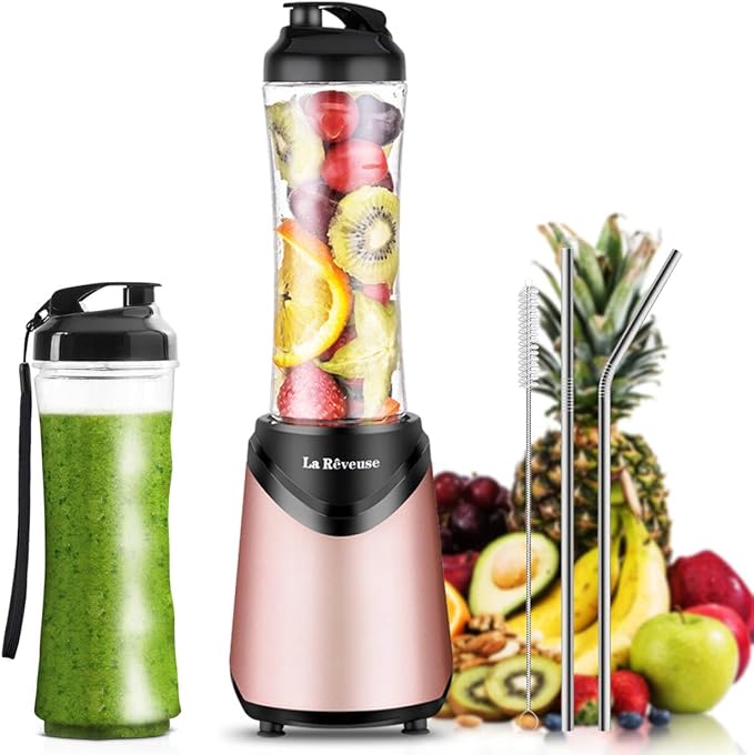 La Reveuse Smoothie Blender Personal Size 300 Watts with 2 Pieces 18 oz BPA-free Travel Sports Bottles,Pink