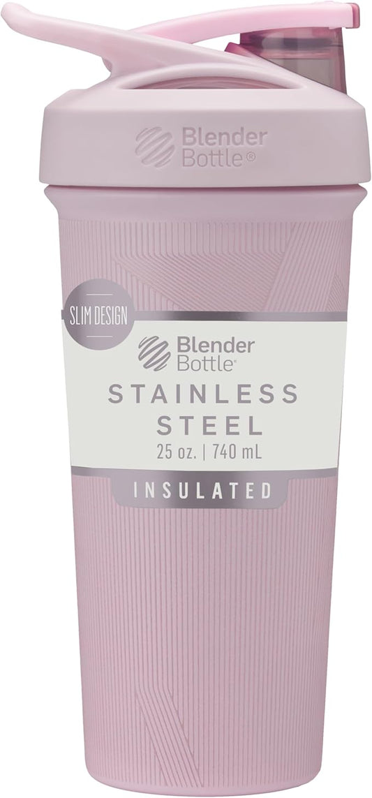 BlenderBottle Strada Shaker Cup Insulated Stainless Steel Water Bottle with Wire Whisk, 25-Ounce, Pink Stripes