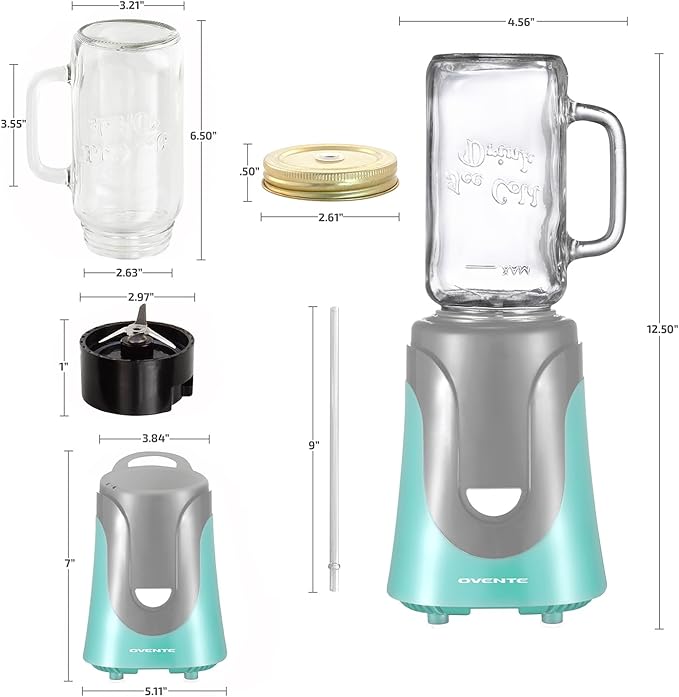 OVENTE Retro Personal Blender and Smoothie Maker with 18 Oz Mason Jar, 300W Base, Stainless Steel Blades, BPA-Free and Dishwasher Safe Container, Includes Reusable Straw and Lid, Turquoise BLH1002T