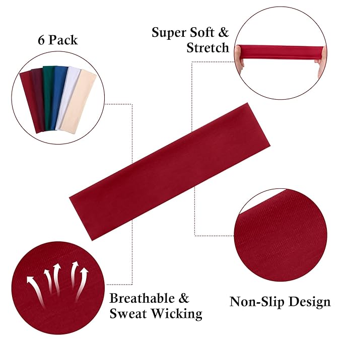 TERSE Headbands for Women Non Slip Elastic Sweat Hairbands Soft Fabric Hair Bands for Women's Hair, Workout Yoga Running Sport Thin Hair Wrap for Girls