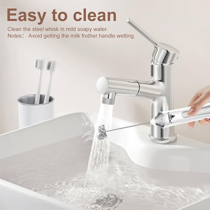 Rechargeable Frother Wand with Stand, Milk Frother with Detachable Stainless Steel Double Rings Whisk, 3-Speed Handheld Electric Drink Mixer for Lattes, Cappuccino, Coffee (White)