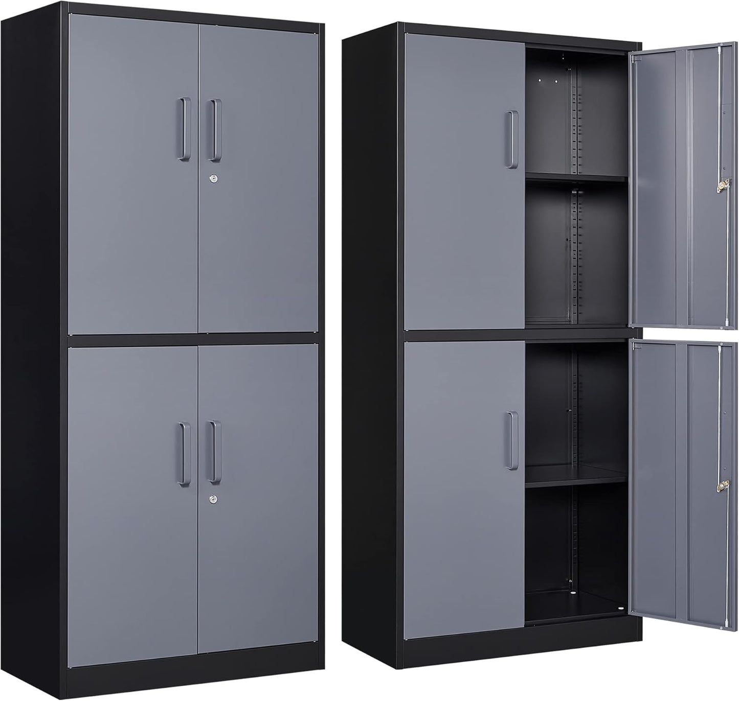 Yizosh Metal Storage Locking Cabinet with 4 Doors and 2 Adjustable Shelves,71" Lockable Garage Tall Steel Cabinet,for Home Office,Living Room,Pantry,Gym,Commercial Storage (Gray Black)