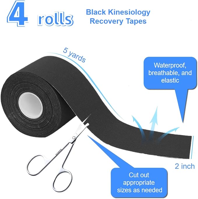 4 Pack Kinesiology Tape, Athletic Tape Supports Protects Muscles, Knees, Shoulders & Plantar Fasciitis, Waterproof & Hypoallergenic Kinesiology Tape (Black)
