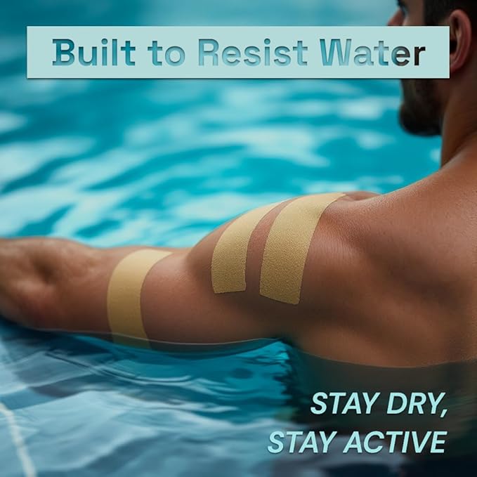 JLB Kinesiology Tape – 2 Rolls (16ft Each) – Strong Adhesion, Waterproof & Sweatproof – Latex-Free Sports Tape for Pain Relief, Muscle Support & Recovery – Physical Therapy & Athletic Tape (Beige)