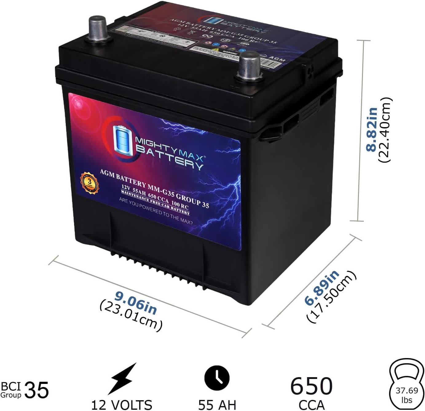 Mighty Max Battery MM-G35 Start and Stop Car BCI Group Size 35 12V 55Ah, 100RC, 650 CCA Rechargeable AGM Car Battery