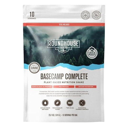 Basecamp Complete Nutrition Shake by Chuck Norris Roundhouse Provisions – Plant-Based Emergency Meal with 18g Protein & 28 Essential Nutrients – Rich Chocolate Flavor – 10 Servings, 3-Year Shelf Life
