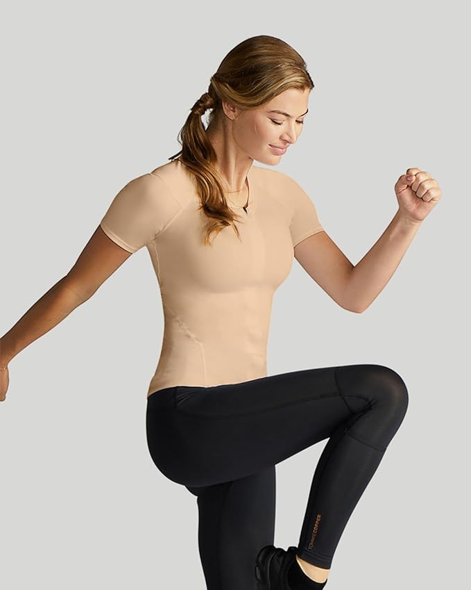 Tommie Copper Womens Short Sleeve V Neck Compression Shirt with Front Zipper – Posture Corrector Back & Shoulder Support