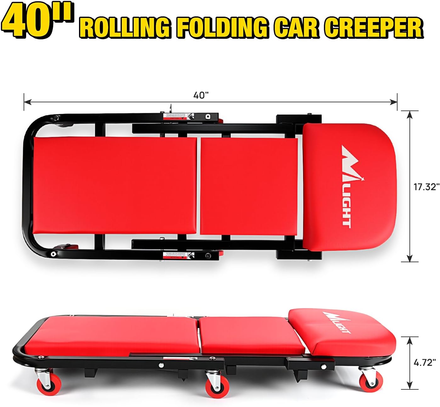 Nilight 40" Z Creeper - 2-in-1 Folding Rolling Mechanic Seat, 40 inches Adjustable Lay-Down or Sit Garage Chair, 330 lbs Capacity, Red Black