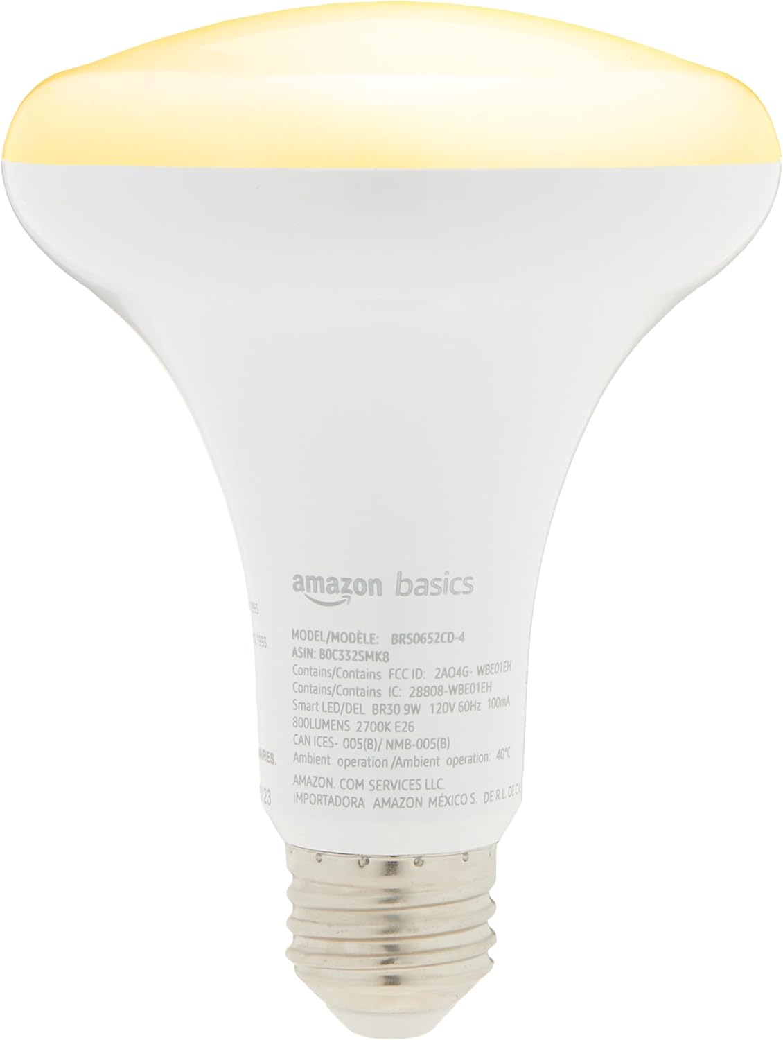 Amazon Basics Smart BR30 LED Light Bulb, Dimmable Soft White (2700K), 9W (60W Equivalent), 800LM, Works with Alexa Only, 2.4 GHz Wi-Fi, No Hub Required, 4 Pack