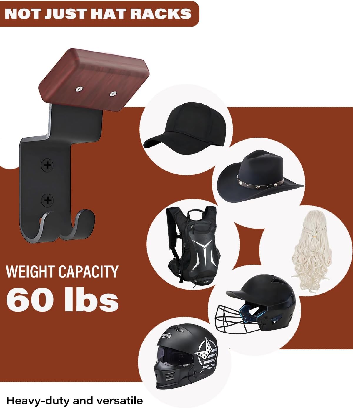 2 Pack Motorcycle Helmet Holder with Solid Wood and Strong Steel Design, Wall Mount Hanger for Motorcycle Bike Outerwear Sports Gear