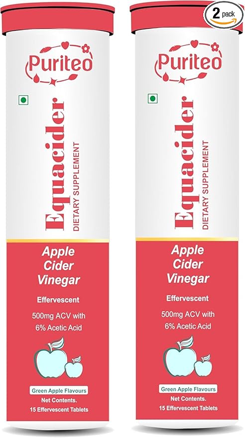 PURITEO-EQUACIDER Apple Cider Vinegar Effervescent Tablets with The Mother, Vegan, No Added Sugar, Non-GMO & Gluten-Free Tablet - (15 Tablets Each, Pack of 2)