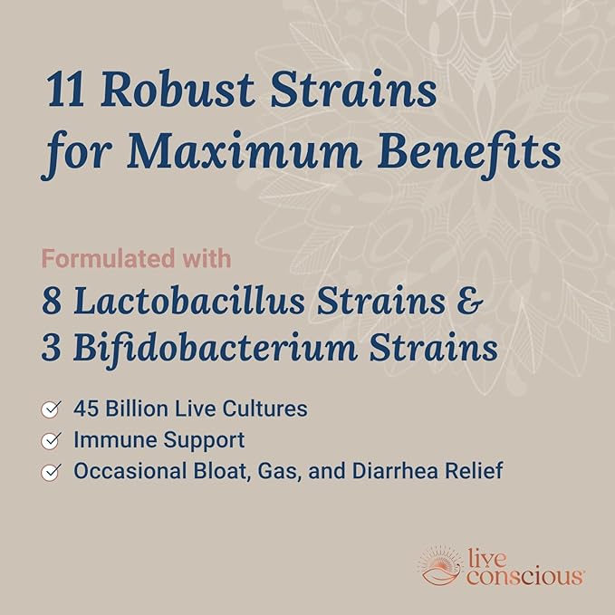 Live Conscious PRO45: Probiotic Formula, 45 Billion CFU, 11 Comprehensive strains. Dairy Free. Delayed Release Veggie caps. Promotes Immune and Digestive Health. 60 Capsules (2-Pack)