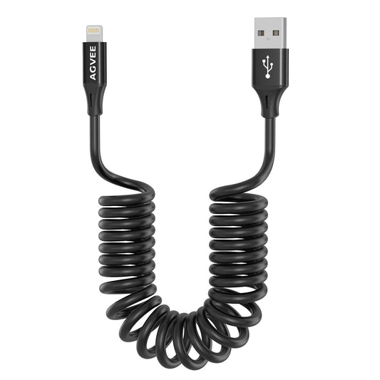 AGVEE 3ft Coiled Short USB to Lightning Charging Cable [MFI Certified] 3A Fast Charger Cord in Car for iPhone 14/13/12/11/XS/8/7/6/5 CarPlay, iPad, iPod, Black