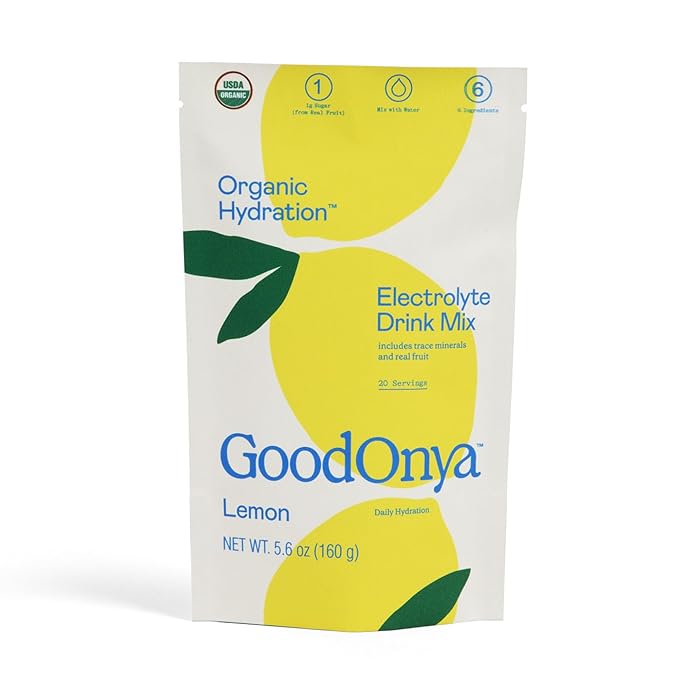 Organic Hydration Electrolyte Drink Mix, Certified Organic Hydration Powder, Non-GMO, Biochecked Glyphosate Free, Low Sugar, Lemonade Flavor, No Artificial Flavors, 20 Servings