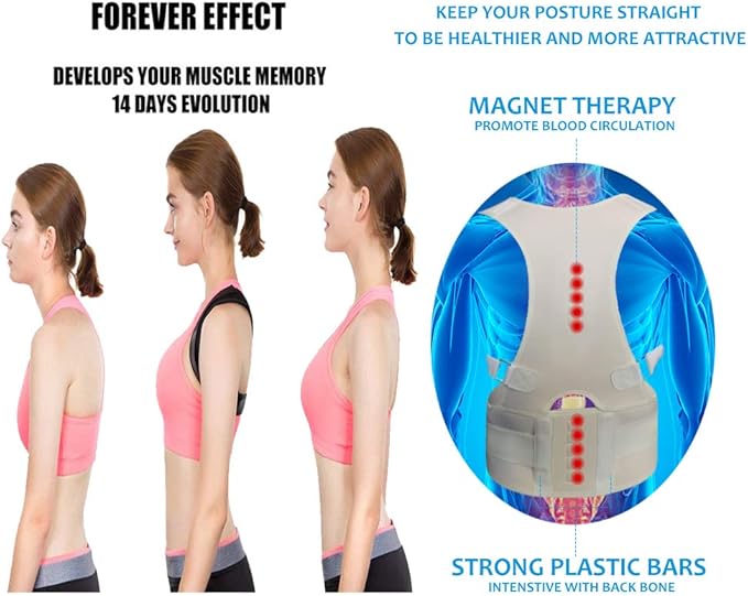 Thoracic Back Brace Posture Corrector - Magnetic Support for Neck Shoulder Upper and Lower Back Pain Relief - Perfect Posture Brace for Cervical Lumbar Spine - Fully Adjustable Belt (Beige, Small)