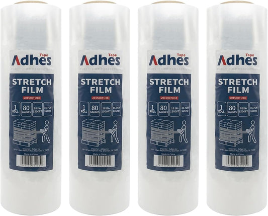 ADHES Heavy Duty Shrink Wrap Roll, 18 Inch x 1500 Feet, 4-Pack Stretch Wrap Stretch Film, 80 Gauge Industrial Strength Plastic Moving Rrap for Pallet Wrap, Furniture Wrapping Moving & Protection