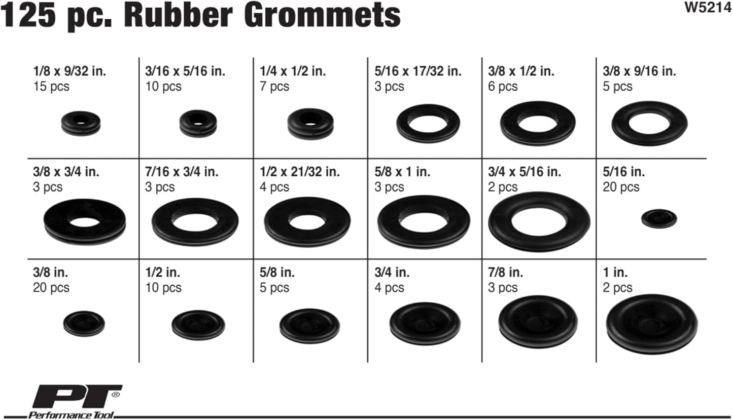 Performance Tool W5214 125pc Rubber Grommet Assortment in Organizer Case for Vehicle Maintenance and Repair in Auto Shops and Garages