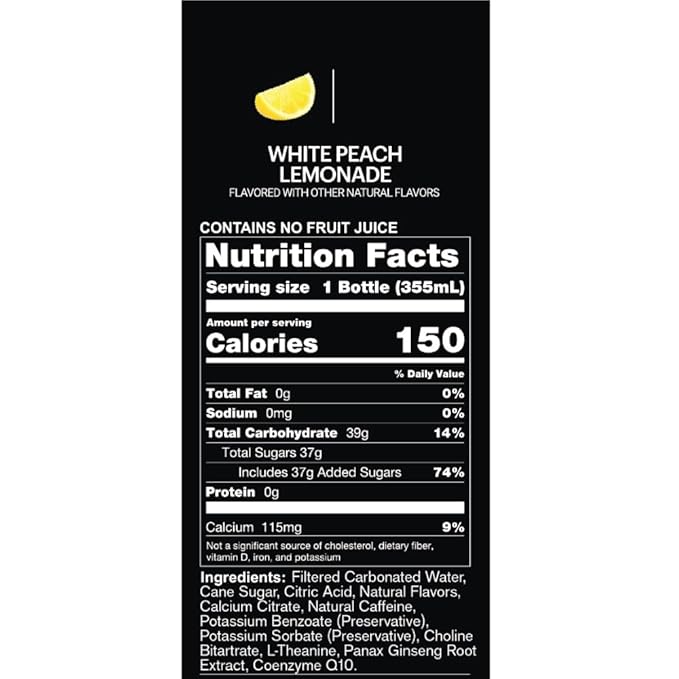 UPTIME Energy – White Peach Lemonade - Cane Sugar (12 Pack), Premium Energy Drink, 12oz Cans, Natural Caffeine, Sparkling, Natural Flavors