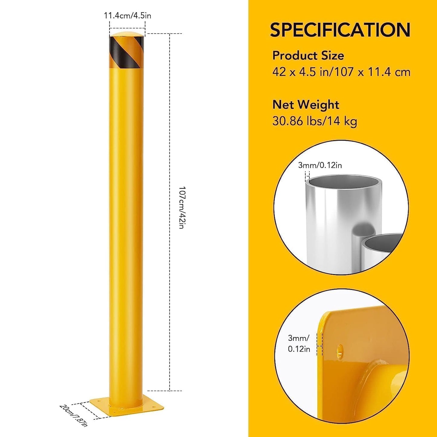 4 Pcs Safety Bollard,42 Inch High Heavy-Duty Yellow Safety Bollard Steel Posts,4.5 Inch Diameter,Safety Bollard with 16 Anchor Bolts - Ideal for Traffic Control, Driveway Barriers,Parking Poles