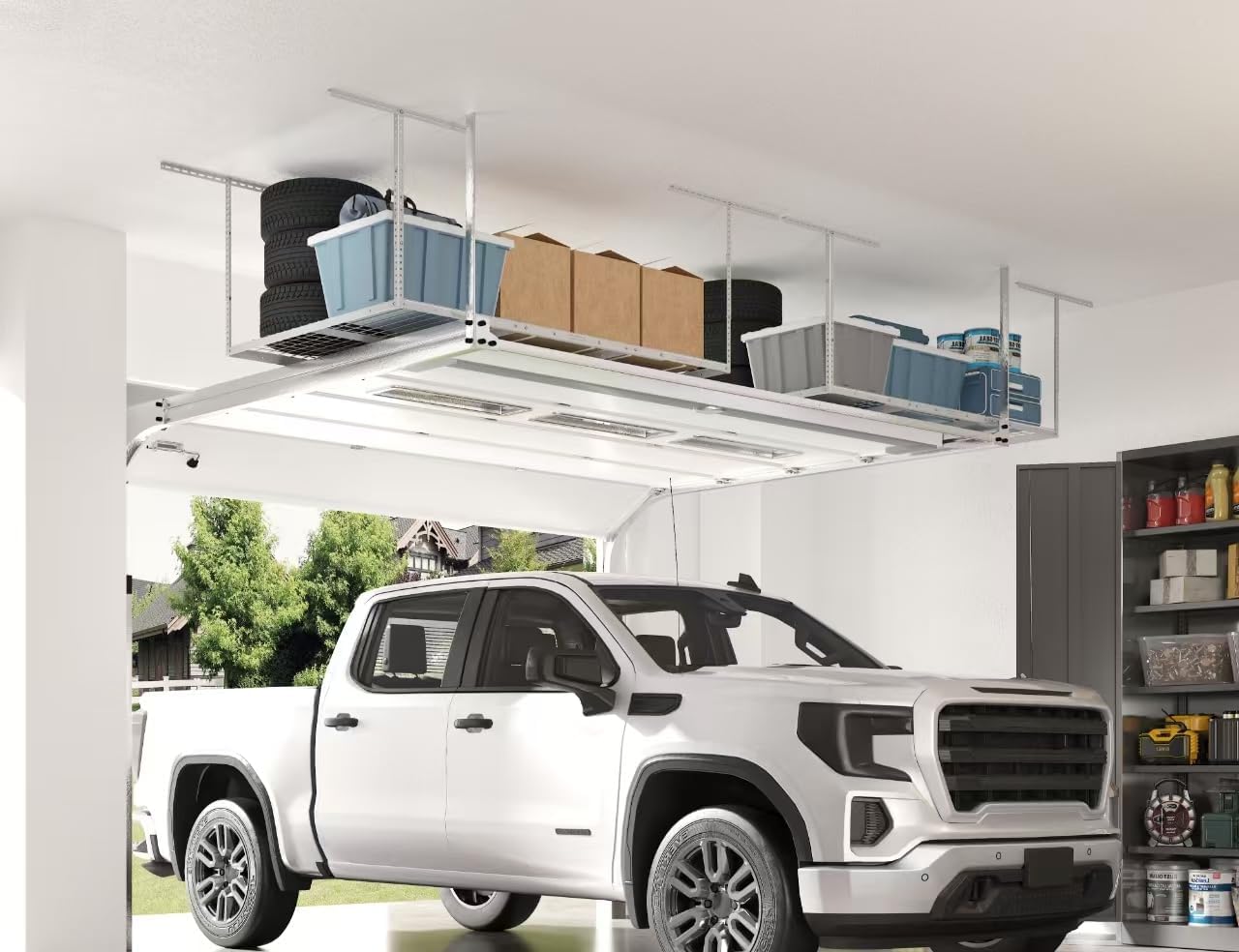 FLEXIMOUNTS 4x6 Overhead Garage Storage Adjustable Ceiling Rack 72" Length x 48" Width x 40" Height, 450lbs Weight Capacity, White