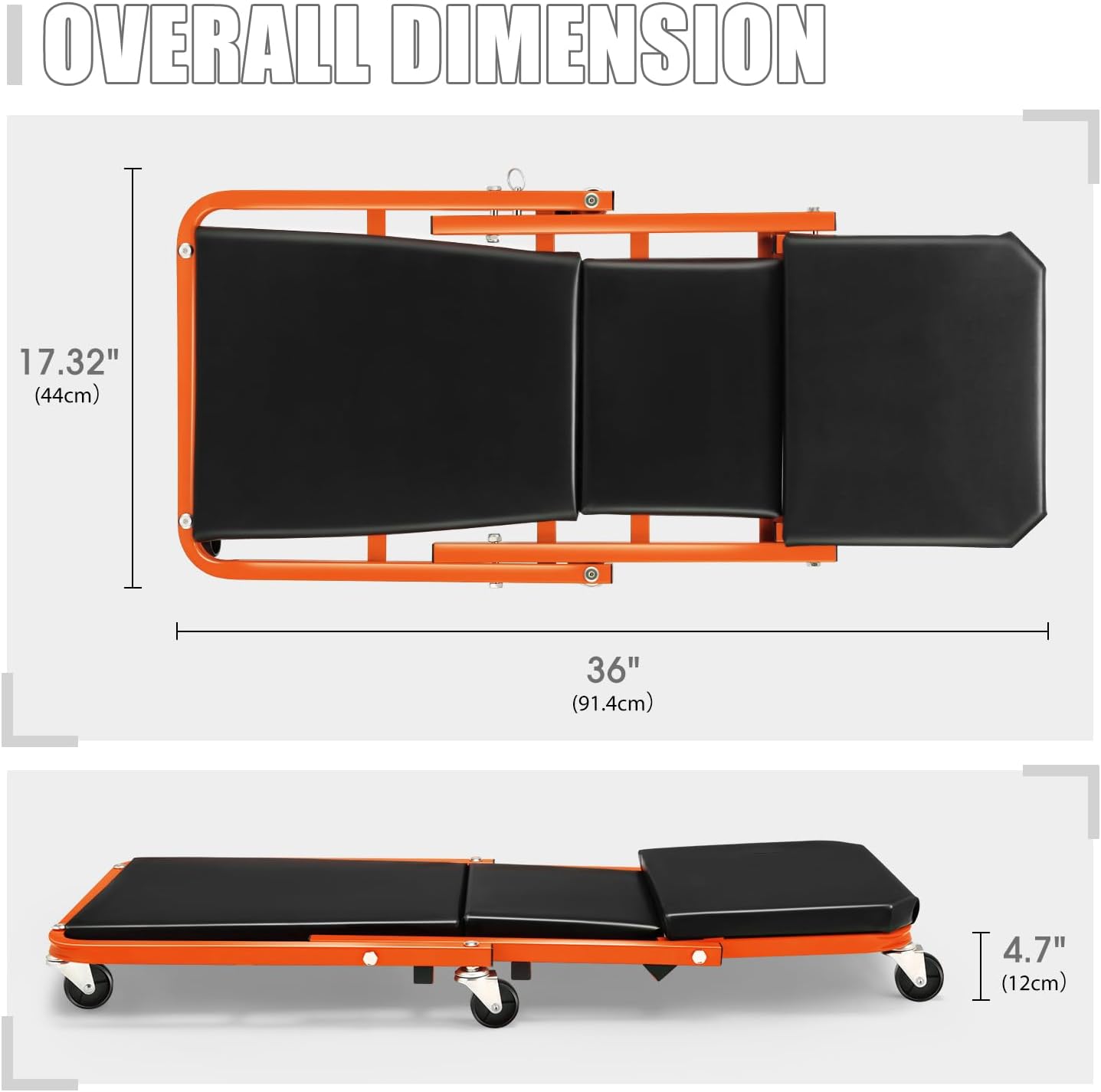 DNA MOTORING 36 Inches 2 IN 1 Rolling Folding Car Creeper/Seat, 6 Pcs 2" Casters, 150kg Weight Capacity, Orange, TOOLS-00185-OG