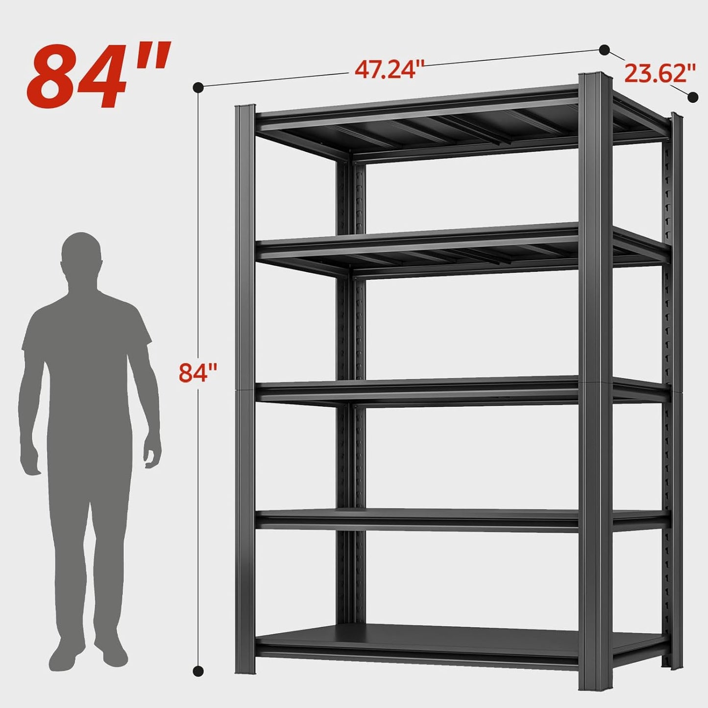 84" H x 47.24" W 5 Tier Metal Garage Shelves, 3000 LBS Adjustable Storage Shelving Unit for Warehouse, Basement, Kitchen, Store Display, Flower Stand, Office, Classroom, 24" D, Black