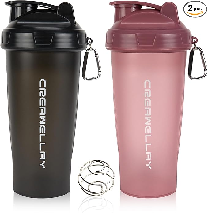 2 Pack Protein Shaker Bottle, 24 oz Protein Shaker Cup with Wire Shaker Ball for Pre Workout, Shake Bottle with Carrying Handle, BPA-Free & Dishwasher Safe (Black, Pink)