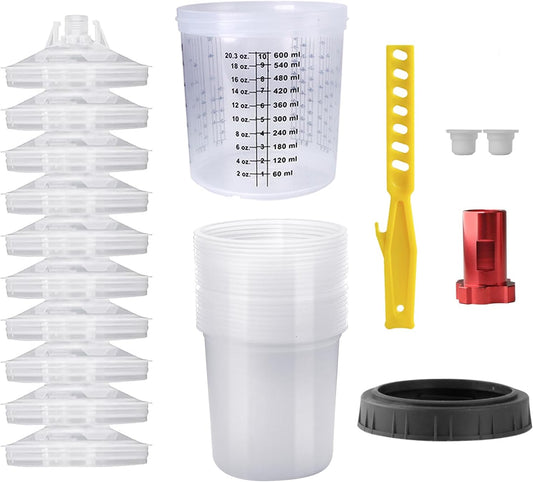 Disposable Paint Mixing Cup Kit,HVLP Paint Sprayer Gun Mixing Cups 20 Ounce (600ml) Kit with 10 Cups and Lids System, 2 Plugs and 1 Hard Cup with Retainer Ring, 1 Cup Adapter,Paint Stirrer (10)