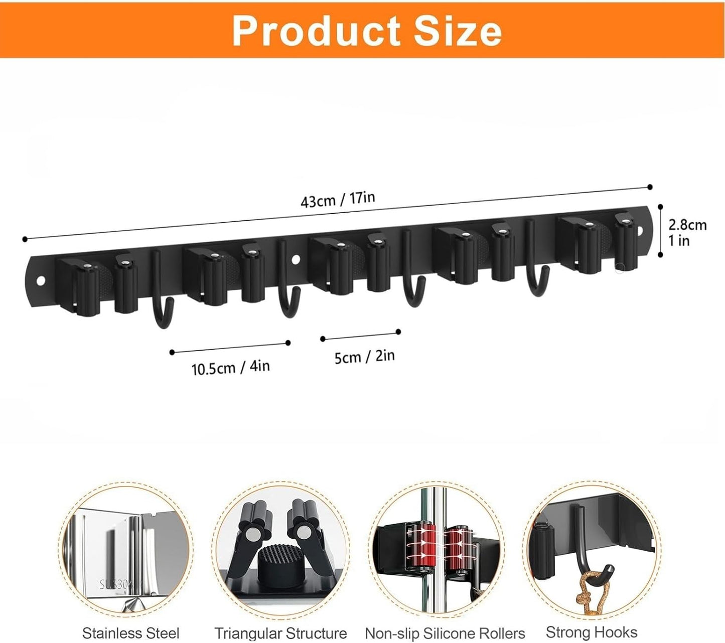 Mop and Broom Holder Wall Mount, Upgraded Broom Organizer Wall Mount, Stainless Steel Broom Hanger Wall Mount for Home Kitchen Garden Laundry Garage (5 Racks with 4 Hooks Black)