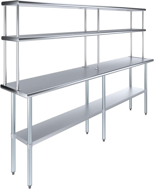 Amgood Stainless Steel Work Table Double Tier Overshelf | Metal Kitchen Prep Table & Shelving Combo (18" x 96" Work Table + 12" Overshelf)